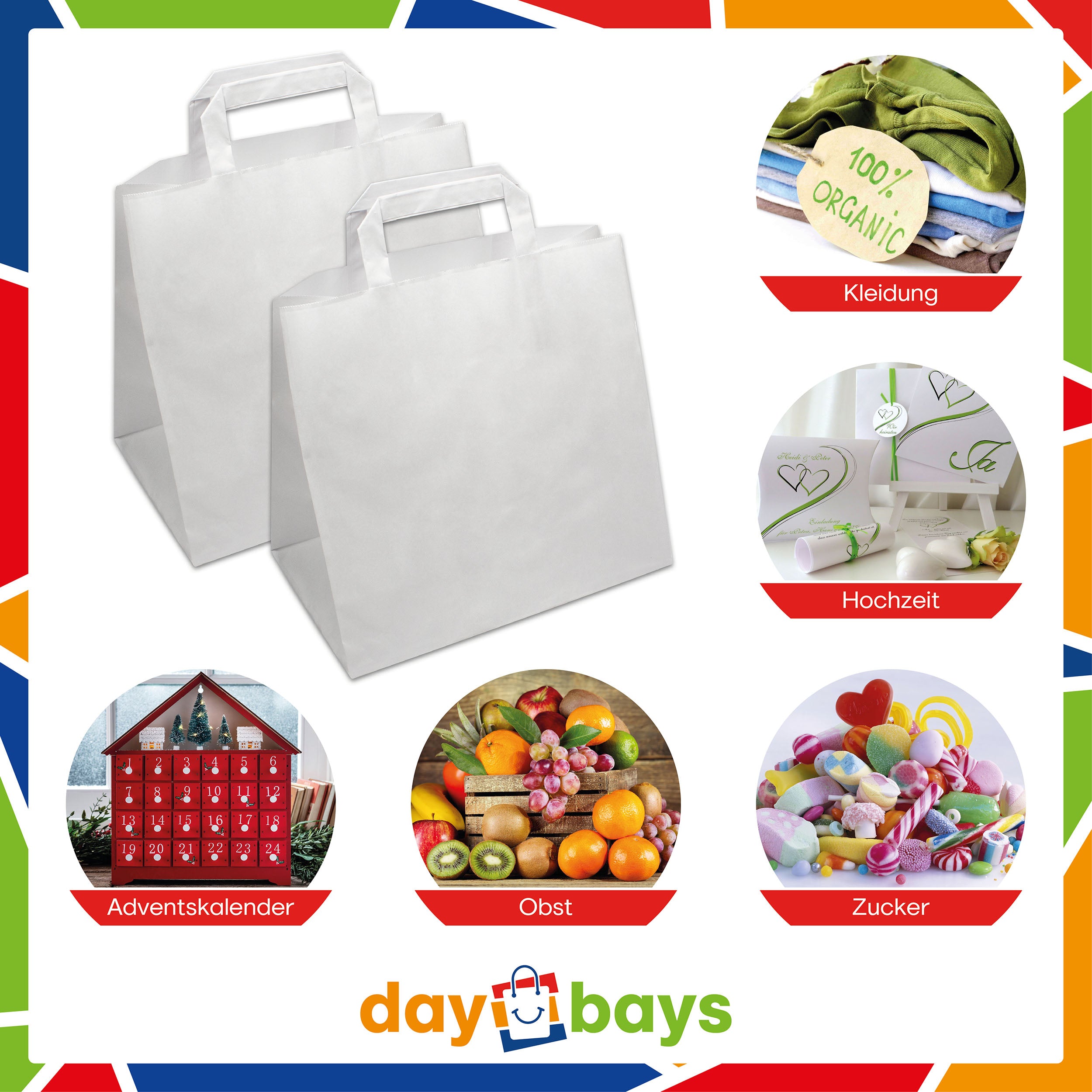 DayBays Papiertüten 26+17x25 cm weiß mit Flachhenkel