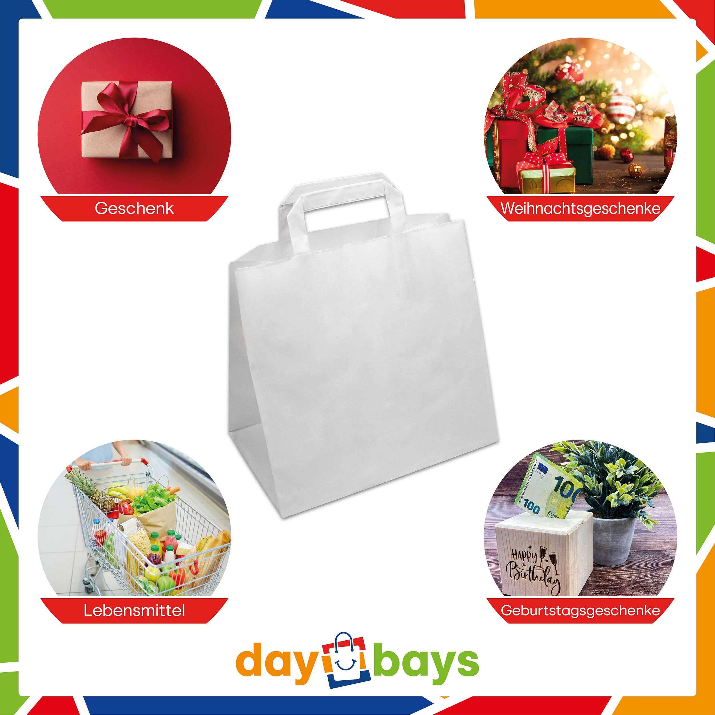 DayBays Papiertüten 26+17x25 cm weiß mit Flachhenkel