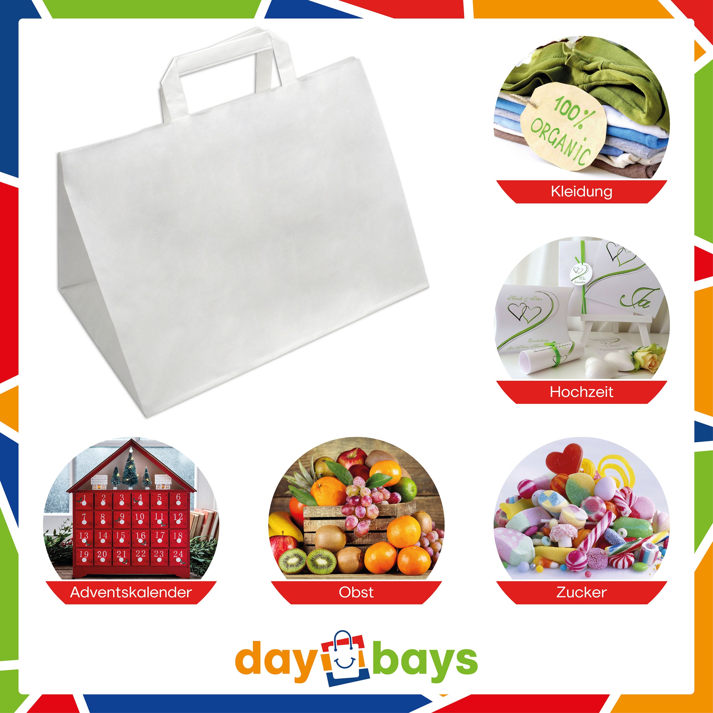 DayBays Papiertüten 32+22x25 cm weiß mit Flachhenkel