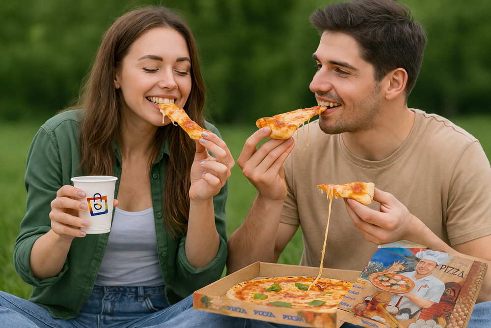 Ein Paar isst im Freien Pizzastücke aus einem geöffneten Pizzakarton.