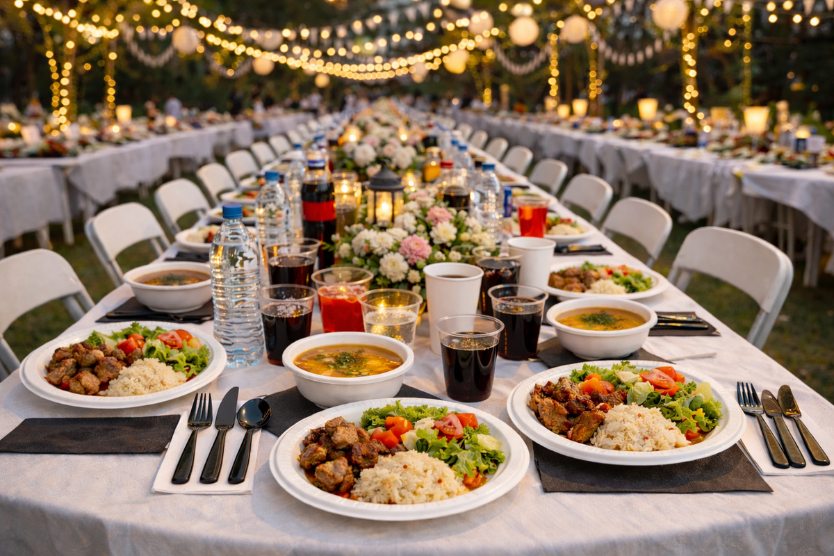 Festlich gedeckte Tafel im Freien mit weißen Tellern, Suppenschalen, schwarzem Besteck und Getränkebechern.