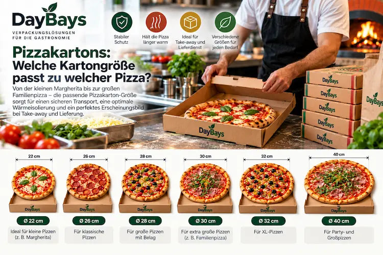 Pizzakartons in verschiedenen Größen für Pizza, Take-away und Lieferservice