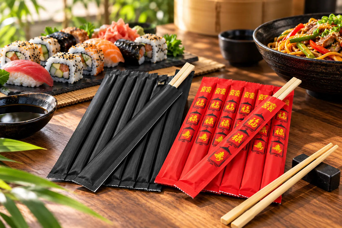 Essstäbchen in schwarzen und roten Hüllen neben Sushi und einem Nudelgericht auf einem Holztisch.