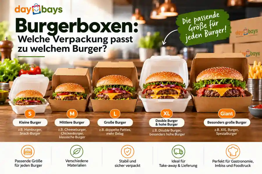 Burgerboxen in den Größen S, M, L, XL und Giant für kleine, klassische, große und besonders hohe Burger