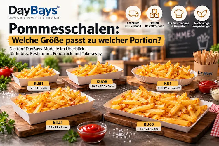 DayBays Pommesschalen KU51, KUOB, KU1, KU41 und KU60 im Größenvergleich