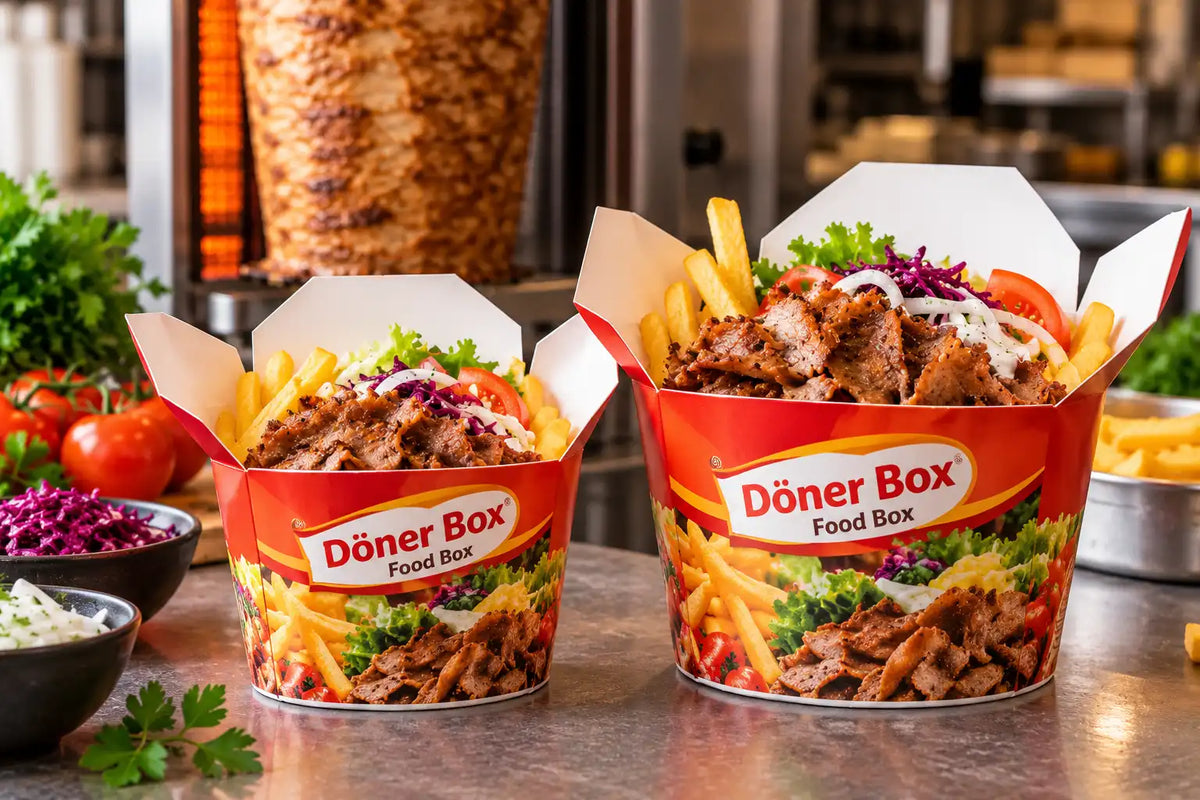 Zwei unterschiedlich große, rot bedruckte Dönerboxen mit Dönerfleisch, Pommes und Salat auf einer Imbisstheke.