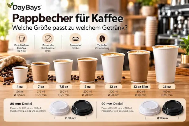 Pappbecher für Kaffee in verschiedenen Größen mit oz-, ml- und Durchmesserangaben