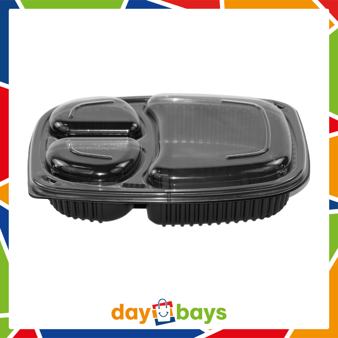 DayBays Mikrowellen Menüschale Cookipack 3-geteilt 1250 cc 255x190x45 mm PP Schwarz mit transparentem Deckel