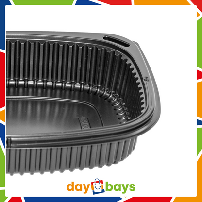 DayBays Mikrowellen Menüschale Cookipack Ungeteilt 1250 cc 255x190x45 mm PP Schwarz mit transparentem Deckel
