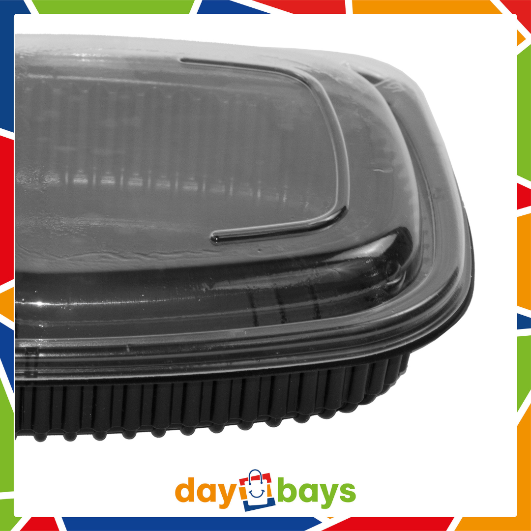 DayBays Mikrowellen Menüschale Cookipack Ungeteilt 1250 cc 255x190x45 mm PP Schwarz mit transparentem Deckel