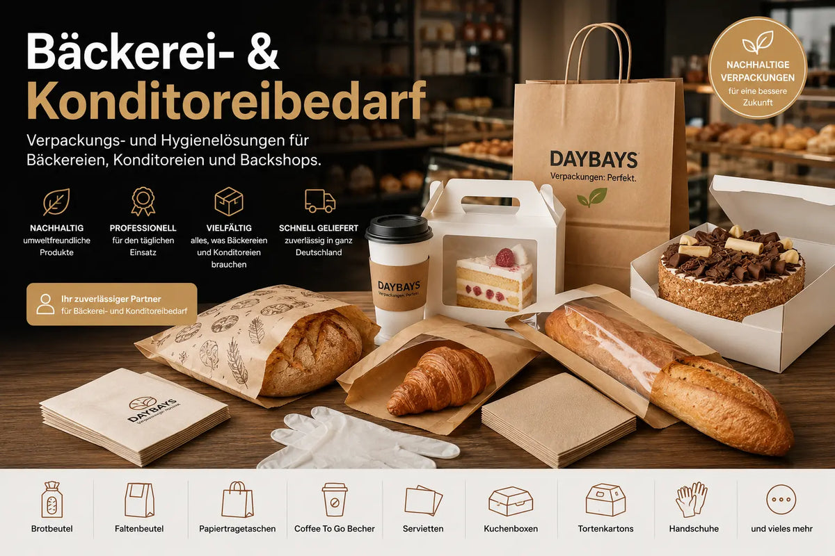 Bäckerei- und Konditoreibedarf mit Brotbeuteln, Faltenbeuteln, Papiertüten, Coffee-to-Go-Bechern, Servietten, Kuchenboxen und Tortenkartons von DayBays