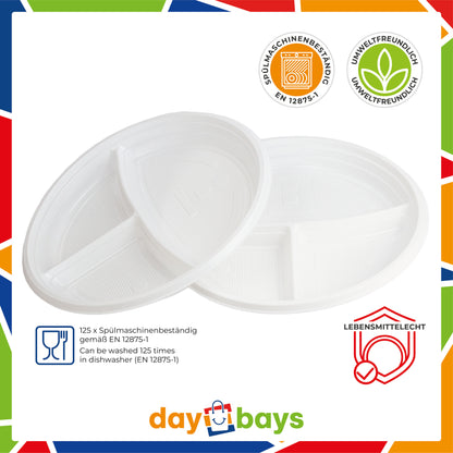 DayBays Einweggeschirr Set 1500 Stück (500 Stk. Plastikteller 3-geteilt + 500 Stk. Plastikgabel + 500 Stk. Plastikmesser)