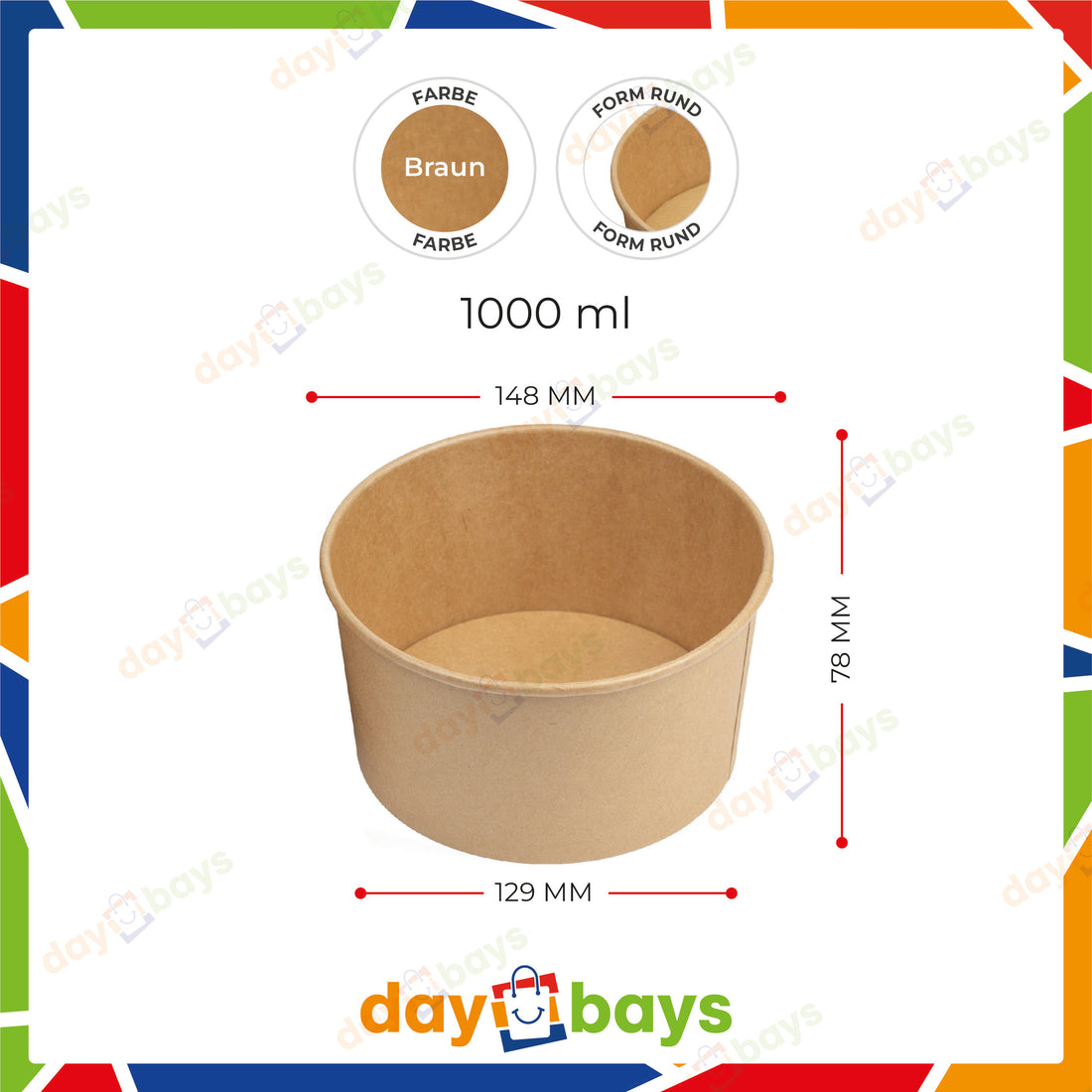 Salatschale 1000 ml – Kombi mit Deckel, Kraftpapier, 148 × 129 × 78 mm, rund