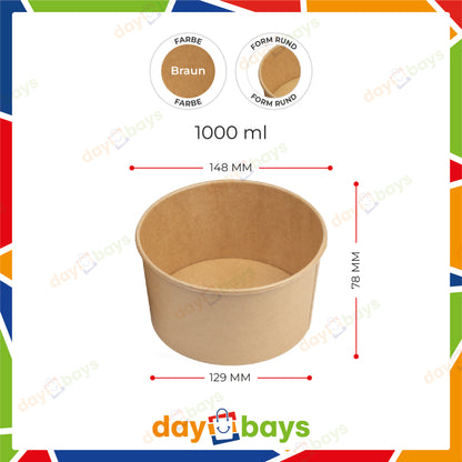 DayBays Salatschalen 1000 ml Salatbox Kombi 148x129x78 mm mit Deckel Kraft Braun Rund
