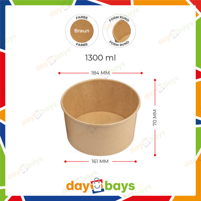 DayBays Salatschalen 1300 ml Salatbox Kombi 184x161x70 mm mit Deckel Kraft Braun Rund
