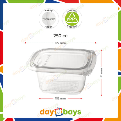Feinkostbecher PP 250 cc. 127x105x41 mm Rechteckig mit anhängendem Deckel