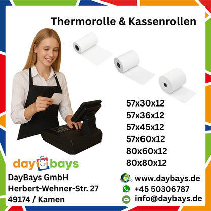 DayBays Thermorolle 57x36x12 mm 15 meter pro Rolle Kassenrollen aus Papier
