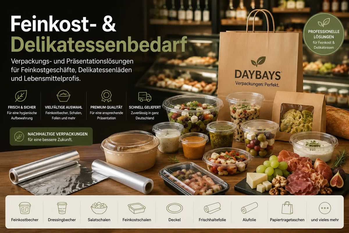 Feinkost- und Delikatessenbedarf mit Feinkostbechern, Dressingbechern, Salatschalen, Feinkostschalen, Folien und Papiertragetaschen von DayBays