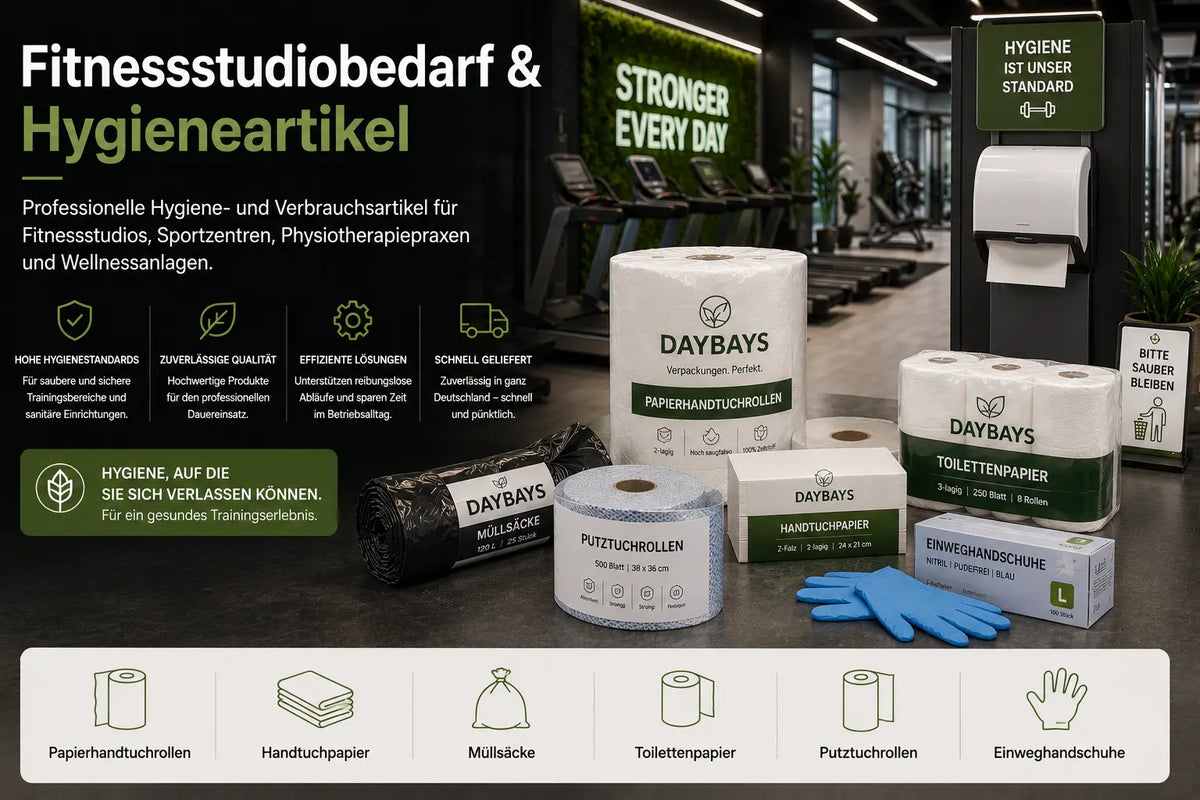 Fitnessstudiobedarf und Hygieneartikel mit Papierhandtuchrollen, Handtuchpapier, Müllsäcken, Toilettenpapier und Einweghandschuhen von DayBays