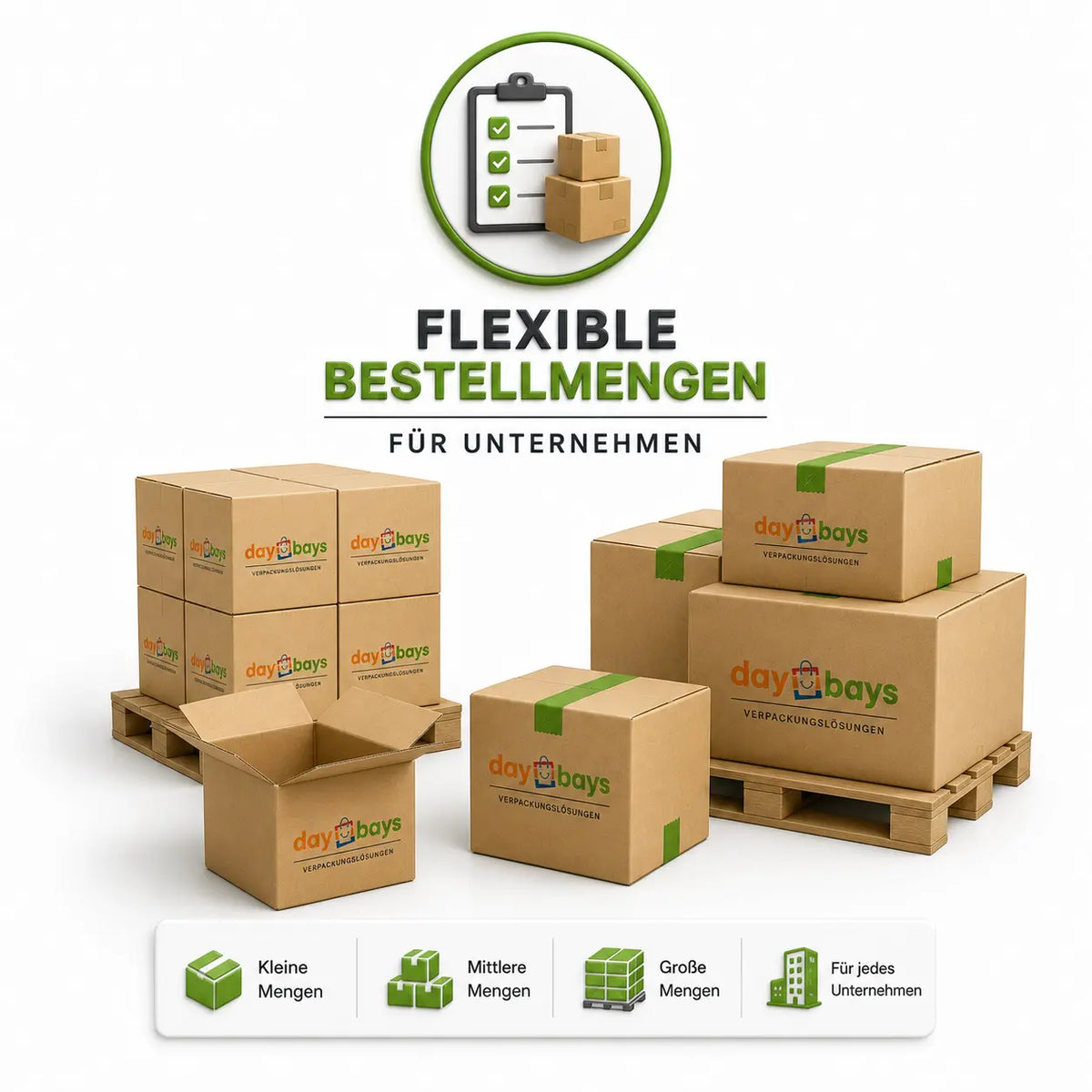 Flexible Bestellmengen für Unternehmen mit kleinen, mittleren und großen Verpackungsmengen bei DayBays