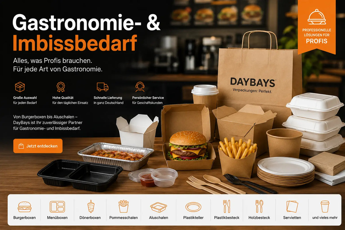 Gastronomie- und Imbissbedarf mit Take-away-Verpackungen, Burgerboxen, Menüboxen, Dönerboxen, Aluschalen und Einwegbesteck von DayBays