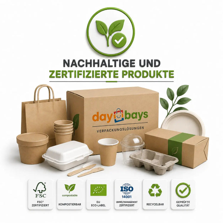 Nachhaltige und zertifizierte Verpackungsprodukte von DayBays mit kompostierbaren, recycelbaren und FSC-zertifizierten Lösungen