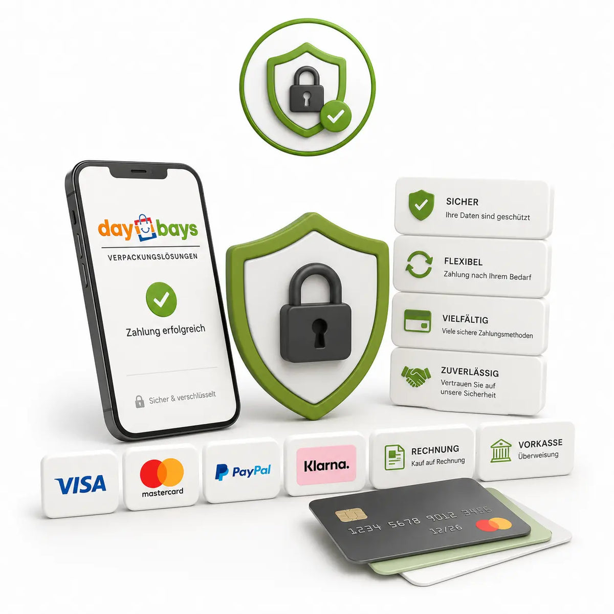 Sichere und flexible Zahlungsmethoden bei DayBays mit Rechnung, Vorkasse, Kreditkarte, PayPal und Klarna