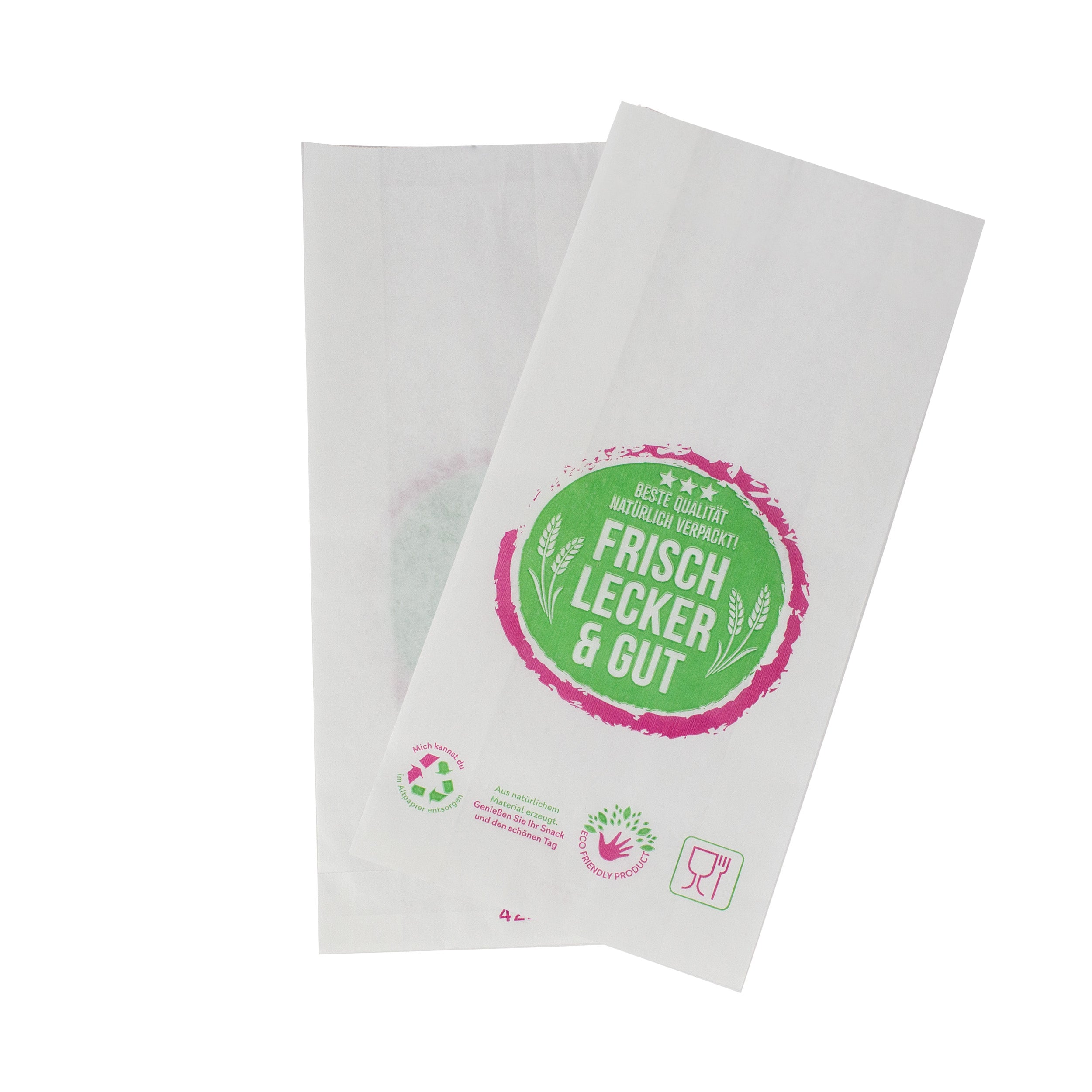 bäckerfalten tüten 12+6x28 cm Typ 422 mit neutralem Druck Kraftpapier weiss gefädelt