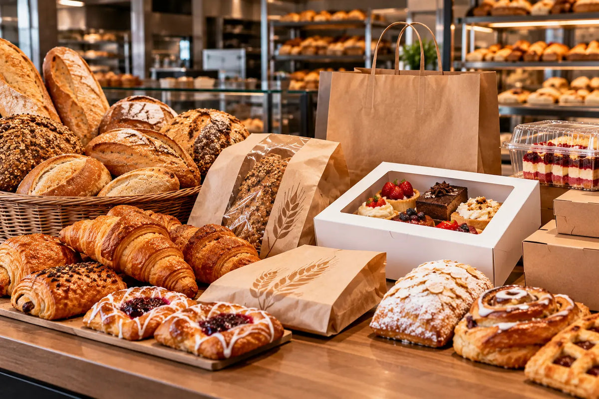 Bäckereitheke mit Brotbeuteln, Gebäckboxen und Papiertragetaschen