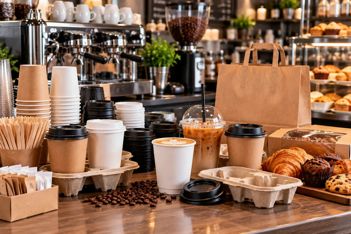 Cafétheke mit Coffee-to-go-Bechern, Deckeln, Becherhaltern und Rührstäbchen