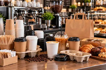 Kaffeebecher, Deckel, Becherhalter und Rührstäbchen neben Eiskaffee, Gebäck und einer Papiertragetasche auf einer Cafétheke.