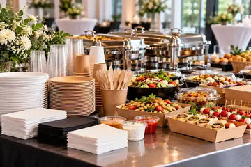 Cateringbuffet mit gestapelten Tellern, Bechern, Besteck und Servietten neben Salaten und Fingerfood in Servierschalen.