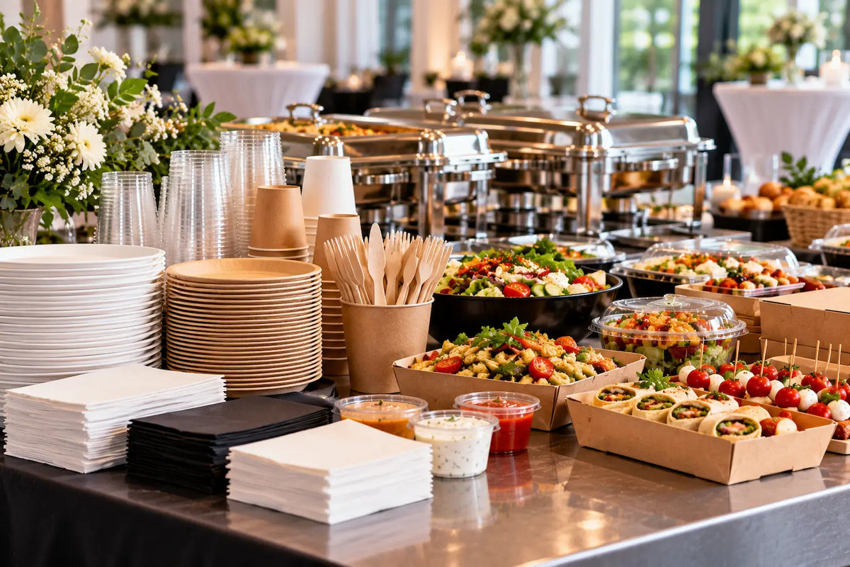 Catering-Serviertisch mit Servierschalen, Tellern, Bechern, Besteck und Servietten
