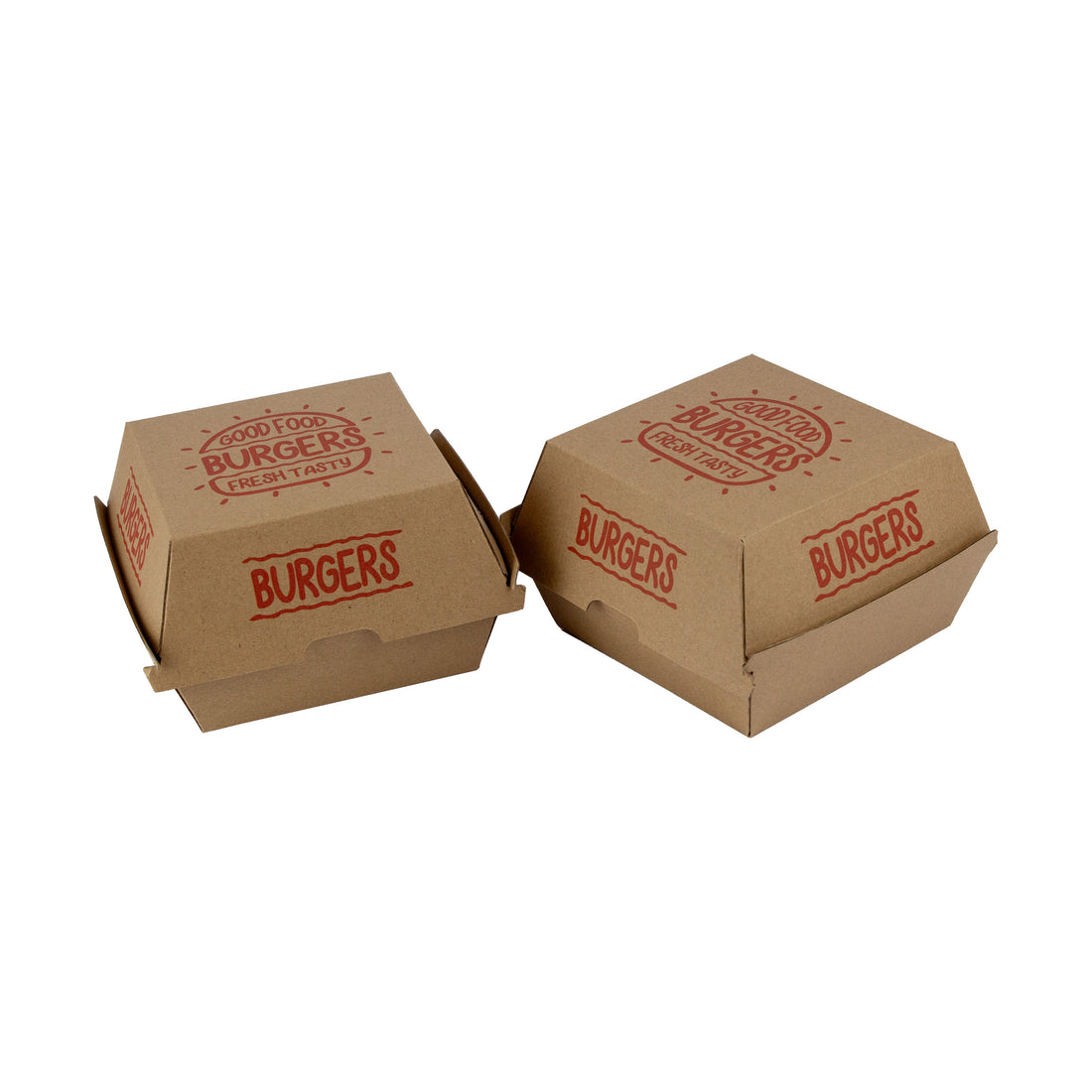 Zwei geschlossene braune Hamburgerboxen mit rotem BURGERS-Aufdruck nebeneinander