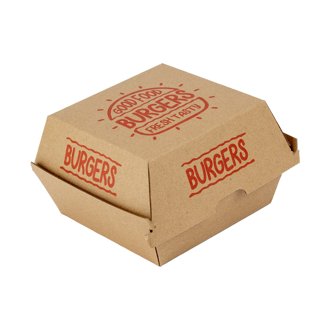 Geschlossene braune Hamburgerbox S mit rotem BURGERS-Aufdruck in Schrägansicht