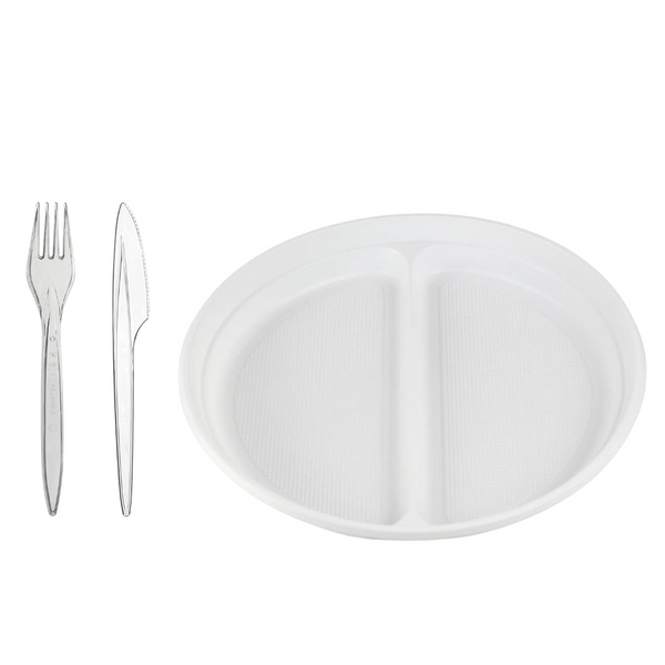 Einweggeschirr Set 1500 Stück Plastikteller 2 geteilt, Plastikgabel, Plastimesser