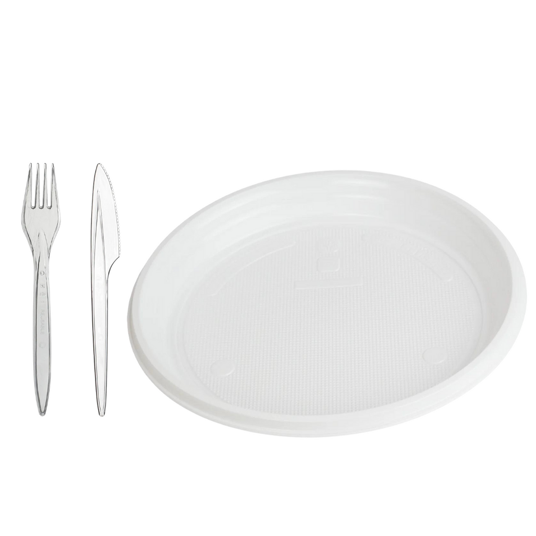 Einweggeschirr Set 1500 Stück Plastikteller Ungeteilt, Plastikgabel, Plastimesser