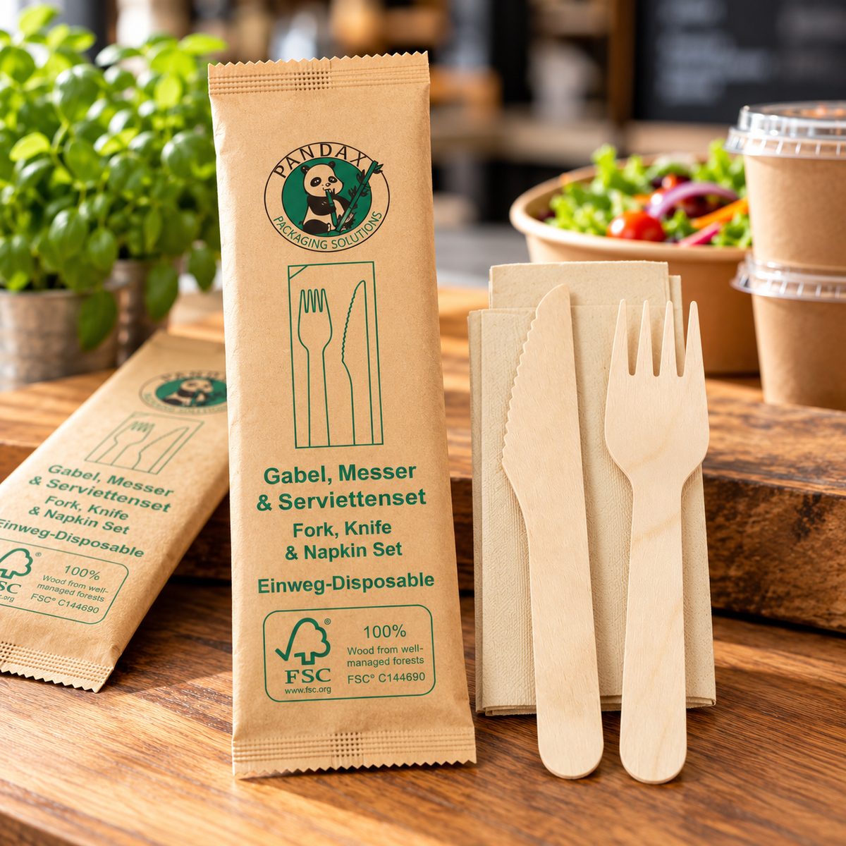 Holz-Besteckset mit Gabel, Messer und Serviette für Salate und Take-away-Gerichte