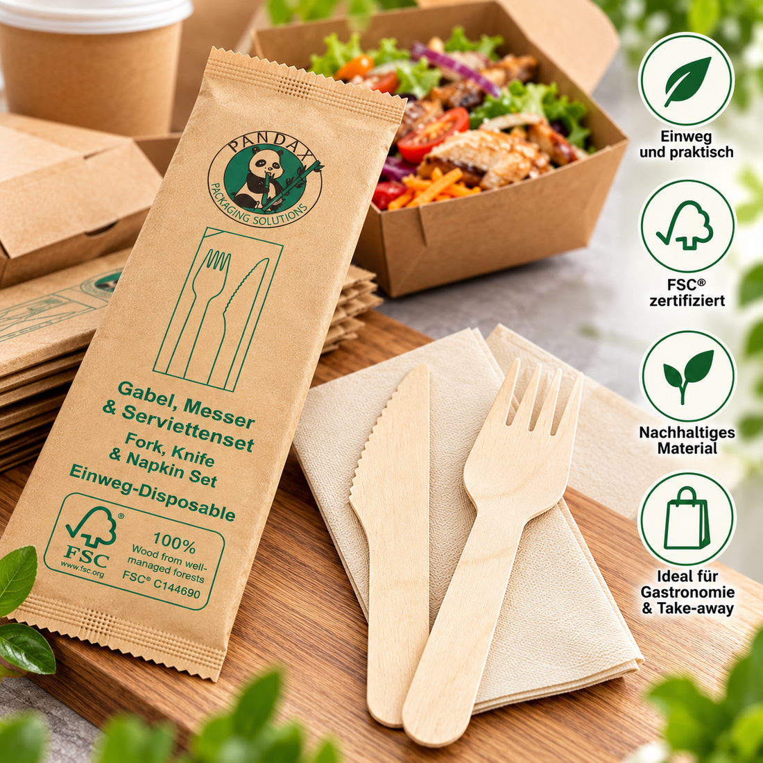 Holz-Besteckset mit Gabel, Messer und Serviette für Gastronomie und Take-away