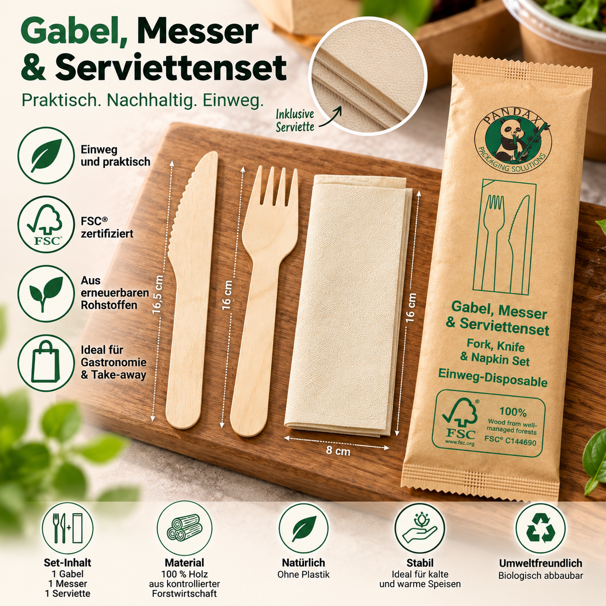 Gabel, Messer und Serviette als praktisches Holz-Besteckset für Gastronomiebetriebe