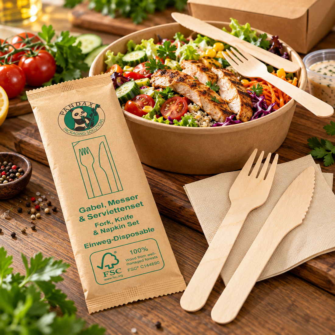 Holz-Besteckset aus Holz mit Gabel, Messer und Serviette für den To-go-Bereich
