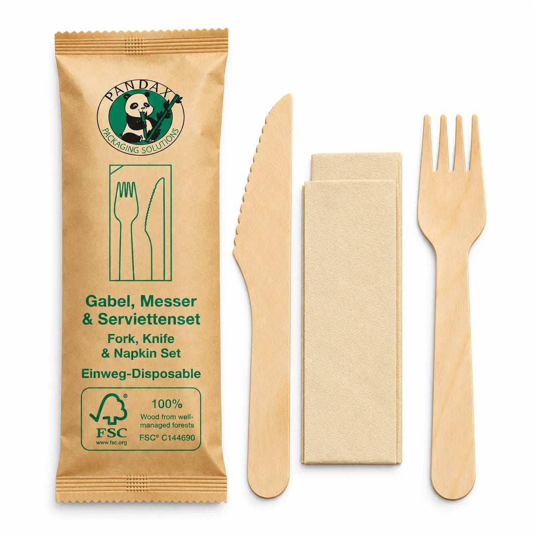 Das Set im Überblick: Holzgabel, Holzmesser und Papierserviette neben der bedruckten Einzelverpackung auf weißem Hintergrund.