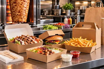 Dönergerichte, Burger und Pommes in braunen Take-away-Verpackungen auf einer Imbisstheke.