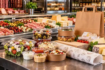 Salate, Antipasti und Feinkost in transparenten Behältern und braunen Schalen mit Papiertragetasche auf einer Feinkosttheke.
