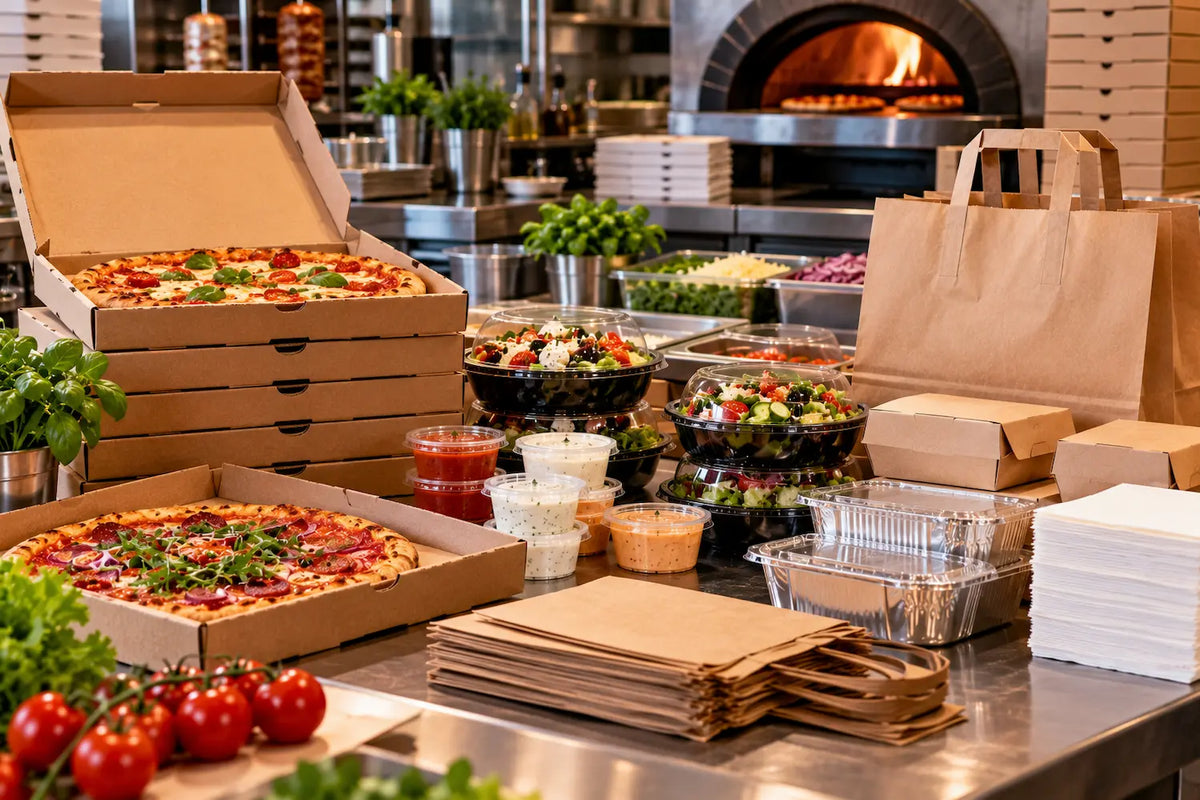Packstation einer Pizzeria mit Pizzakartons, Salatboxen, Saucenbechern und Tragetaschen