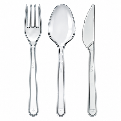 Plastikbesteck Deluxe 3er-Set – transparent, Gabel, Löffel &amp; Messer