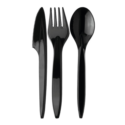 Plastikbesteck Premium 3er-Set – schwarz, Gabel, Löffel &amp; Messer