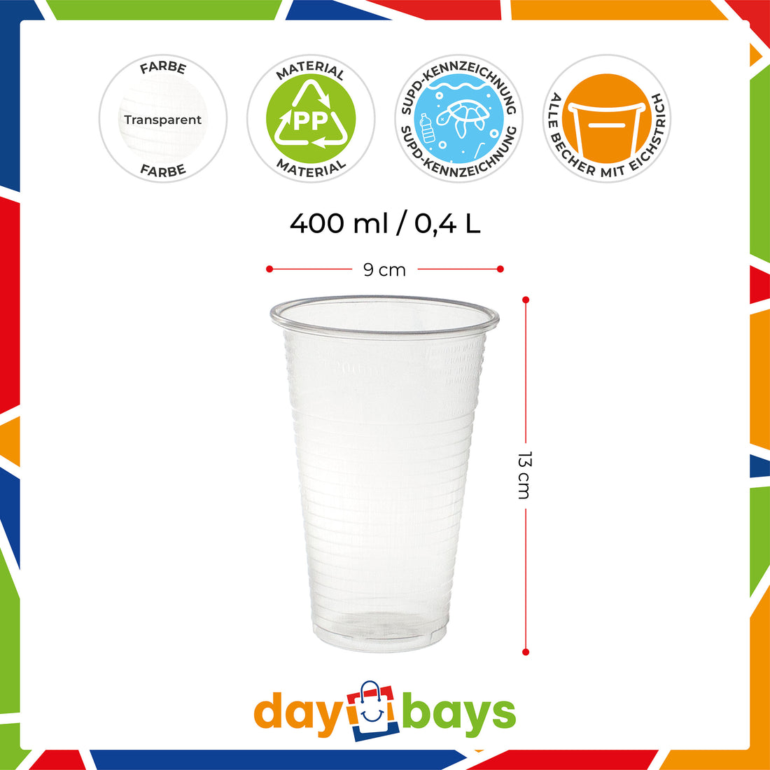 Trinkbecher 400 ml – PP, transparent, Ø 9 cm, Eichstrich bei 0,4 L