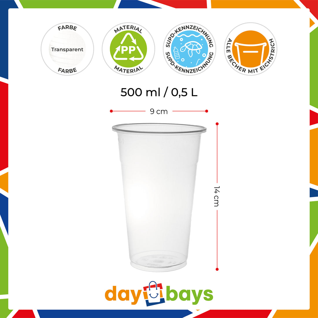 Trinkbecher 500 ml – PP, transparent, Ø 9 cm, Eichstrich bei 0,5 L