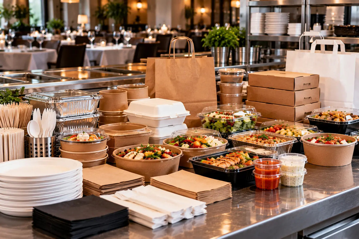 Take-away-Vorbereitung im Restaurant mit Speisebehältern, Aluschalen, Servietten und Tragetaschen
